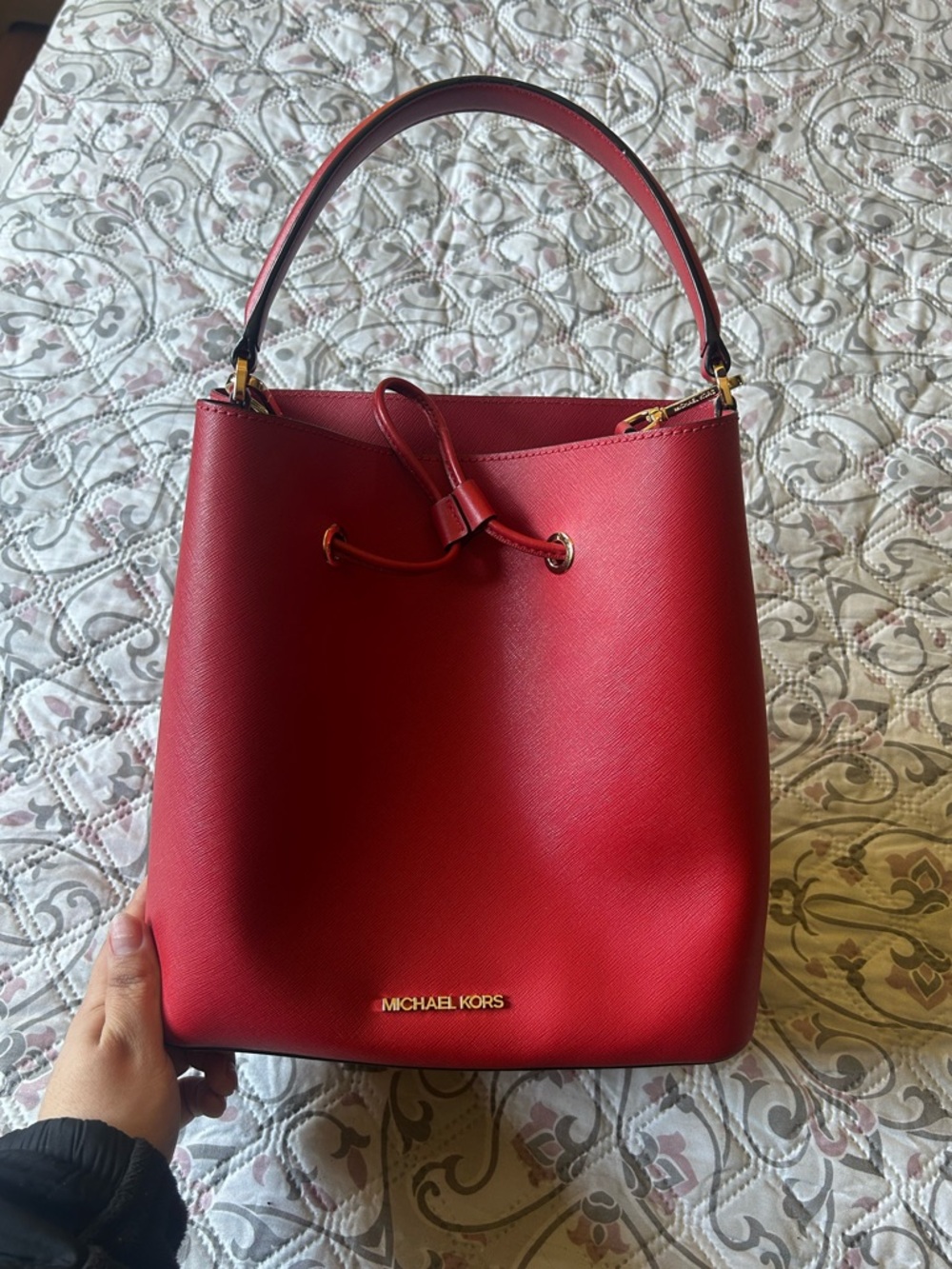 Michael Kors red leather bucket bag